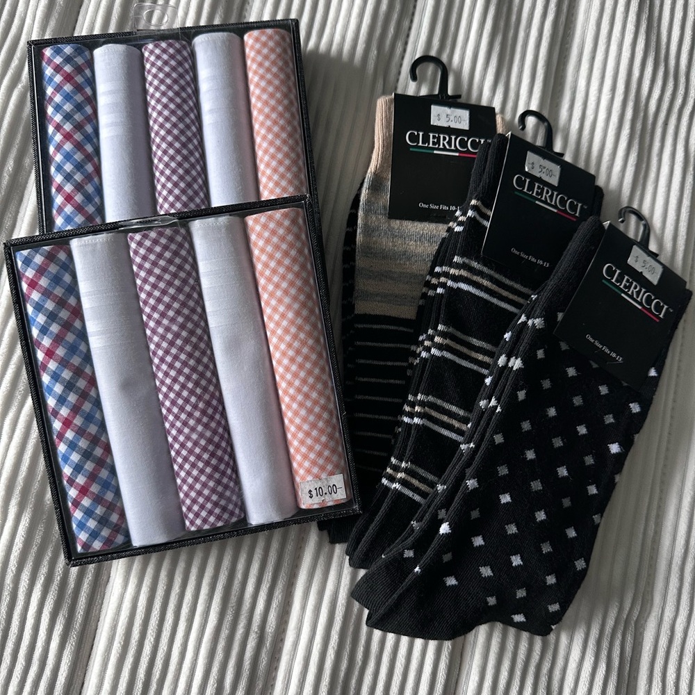 Men's Black and White Patterned Socks and Handkerchiefs Lot